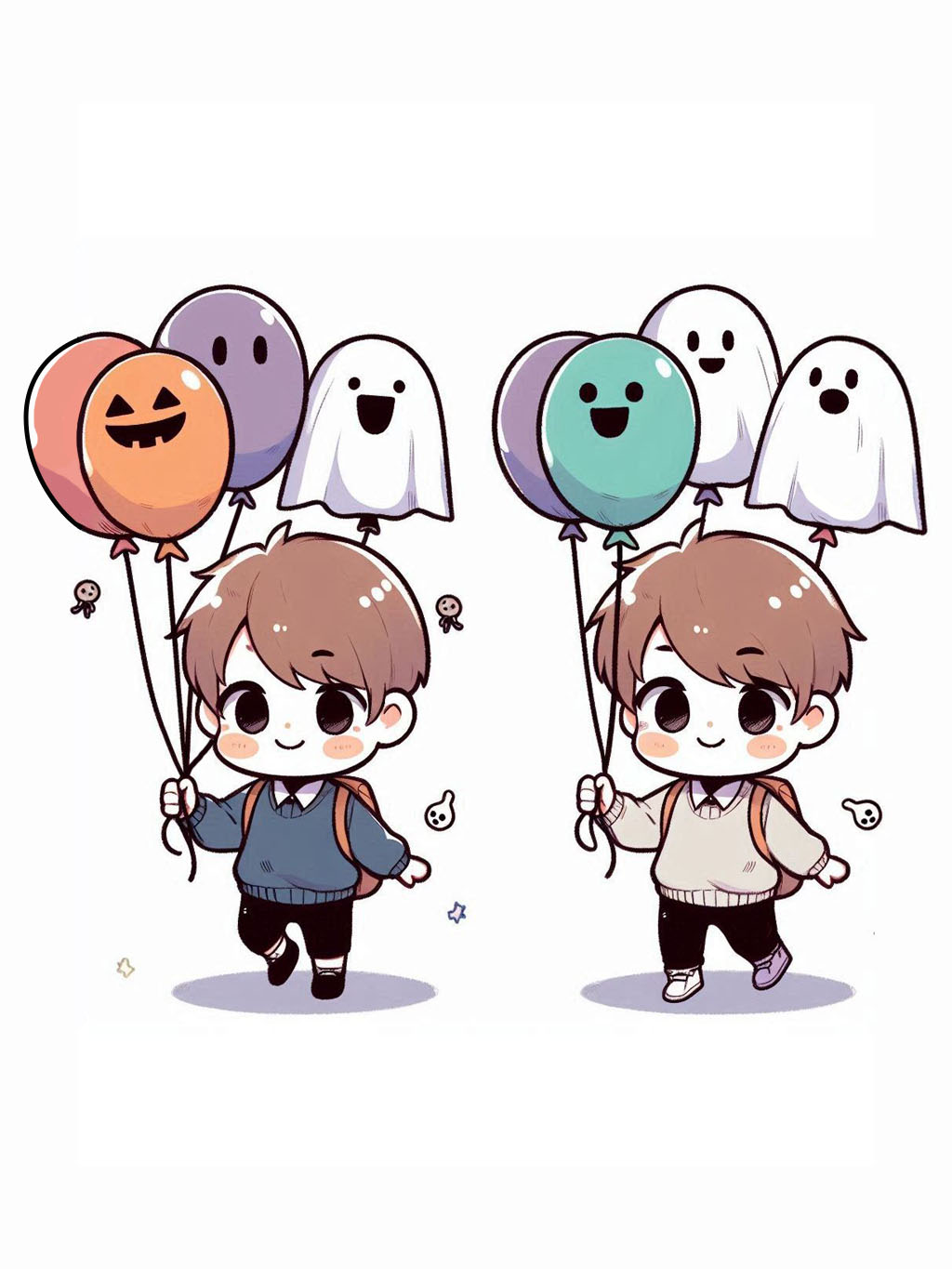 cute halloween drawings for kids 2 featuring two cheerful children holding Halloween-themed balloons, including pumpkin and ghost shapes.
